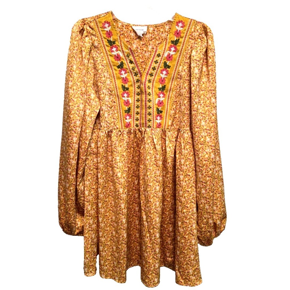 Heyson‎ Yellow Floral Embroidered Boho Babydoll Dress Long Sleeve Size M
